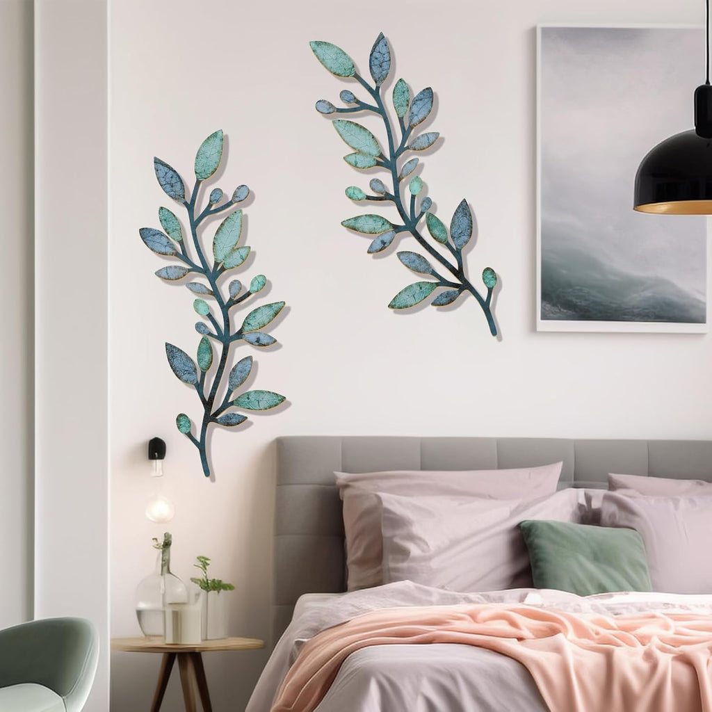 2 Pcs Colorful Tree Leaf Wall Art Decor Vine Home Wall Decoration Olive Branch Leaf Wall Decor Large Wall Decor for Bedroom, Living Room, Wall Sculptures Indoor Outdoor (Blue Green)
