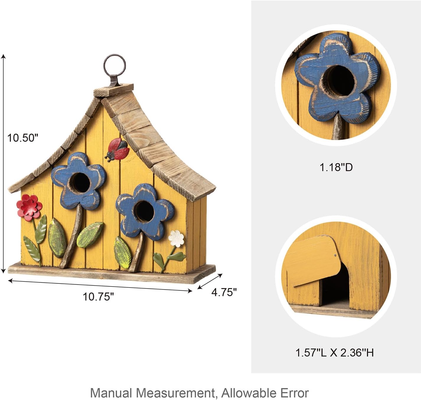 Glitzhome 10.75" L Distressed Solid Wood Hanging Birdhouse with 3D Flowers Rustic Two-Story Townhouse Hand-Painted Garden Bird Houses for Outdoors,Washed Yellow