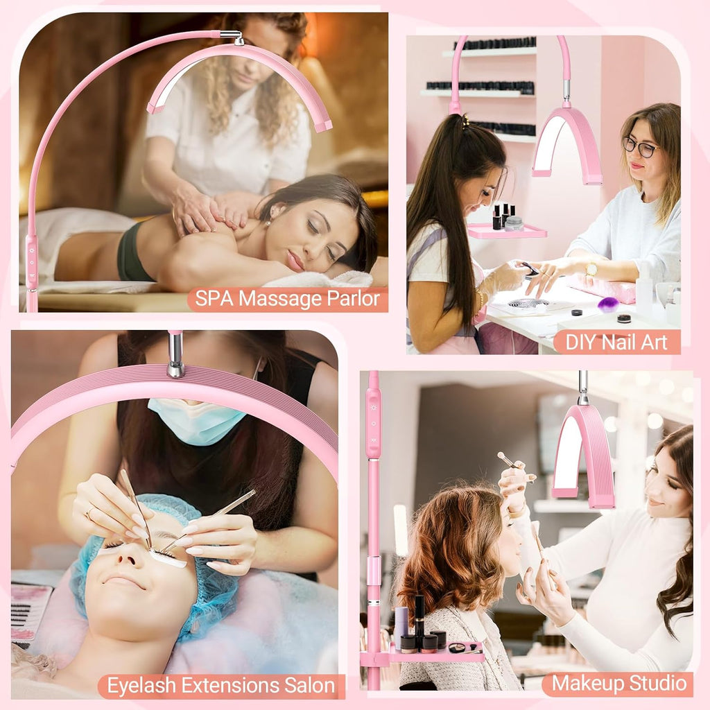 LIONVISON Half Moon Lash Light: 6500K LED Lamp Ring Light with Tray - 360° Flexible Gooseneck Durable Metal Stand - Salon Use for Lash Artists Eyelash Extensions (18In Pink)