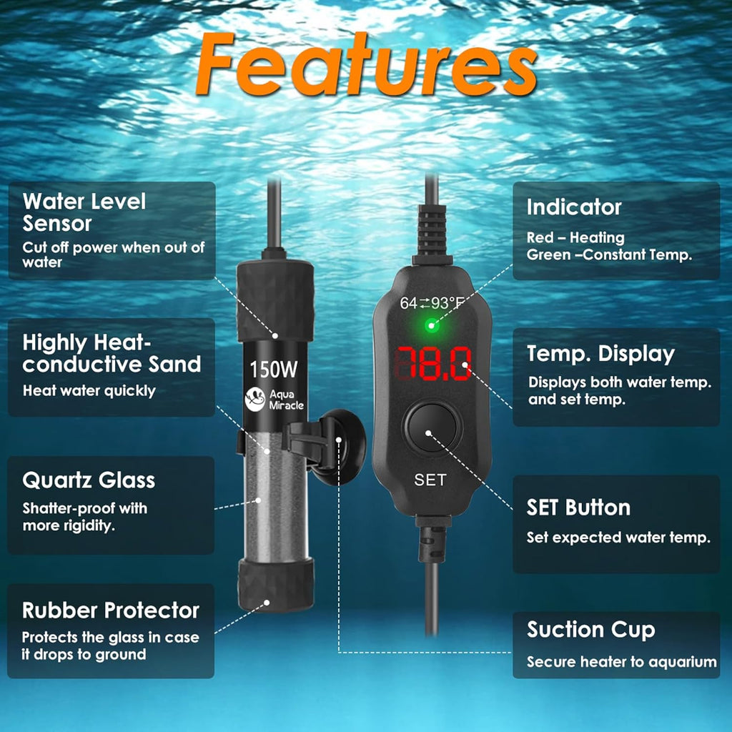 AquaMiralce 150W Aquarium Heater with Compact Size, Submersible Fish Tank Heater with LED Digital Display Thermostat, Adjustable Fish Heater Turtle Heater for 15-30 Gallon Tanks