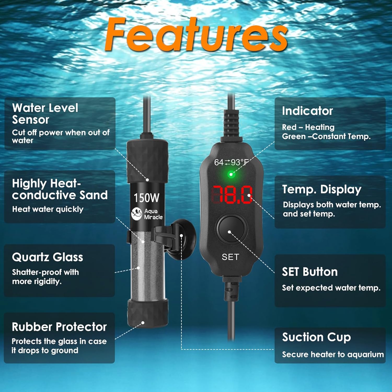AquaMiralce 150W Aquarium Heater with Compact Size, Submersible Fish Tank Heater with LED Digital Display Thermostat, Adjustable Fish Heater Turtle Heater for 15-30 Gallon Tanks