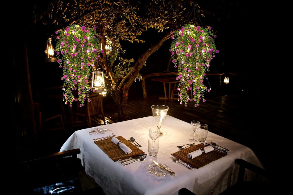 RECUTMS Artificial Hanging Plants with Lights Fake Hanging Plant Faux Eucalyptus Leaf Greenery Vine Outdoor UV Resistant Plastic Plants Home Garden Wedding Party Indoor Outdoor Decorations (Fuchsia)