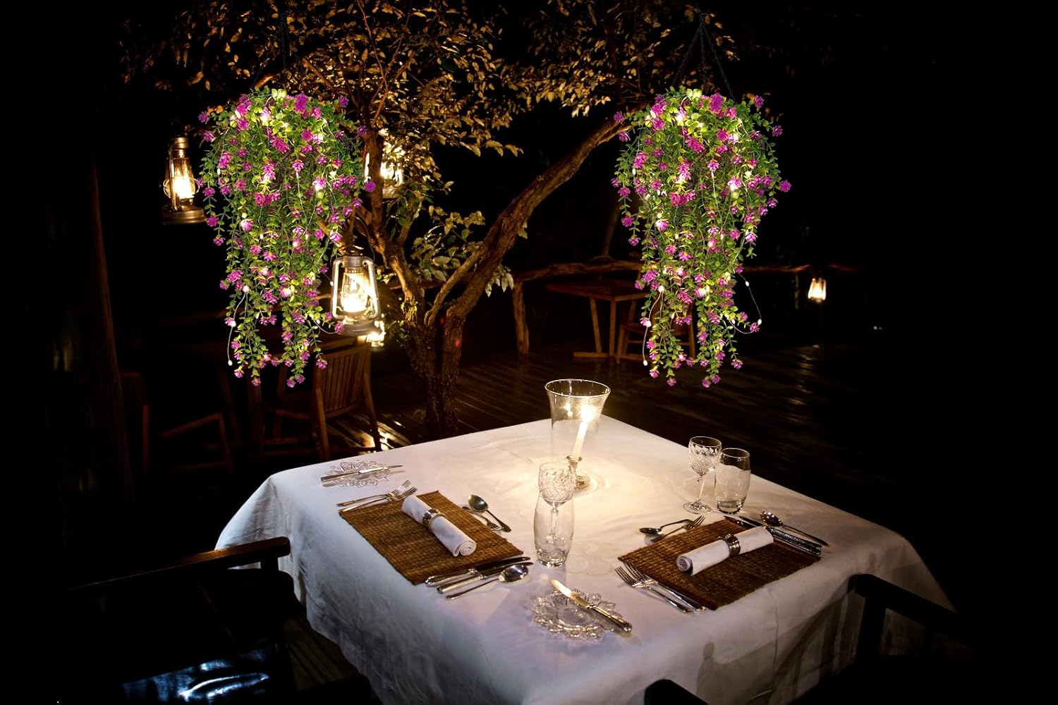 RECUTMS Artificial Hanging Plants with Lights Fake Hanging Plant Faux Eucalyptus Leaf Greenery Vine Outdoor UV Resistant Plastic Plants Home Garden Wedding Party Indoor Outdoor Decorations (Fuchsia)