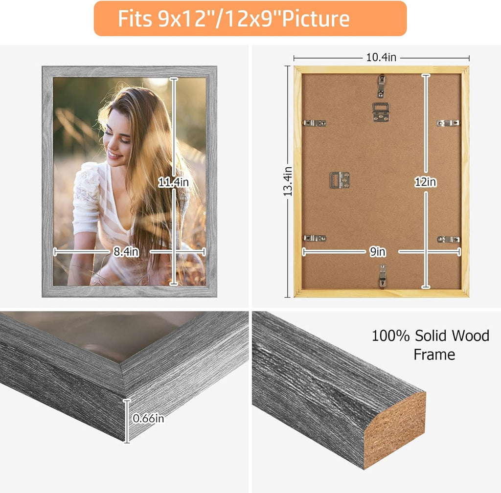 9x12 Wood Frame Gray, Rustic Natural Grey Wooden 12x9in Poster Picture Frame, Distressed 9 x 12inch Woodgrain Gallery Photo Frame with HD Plexiglass, Horizontal Vertical Wall Mounting Display 1pcs