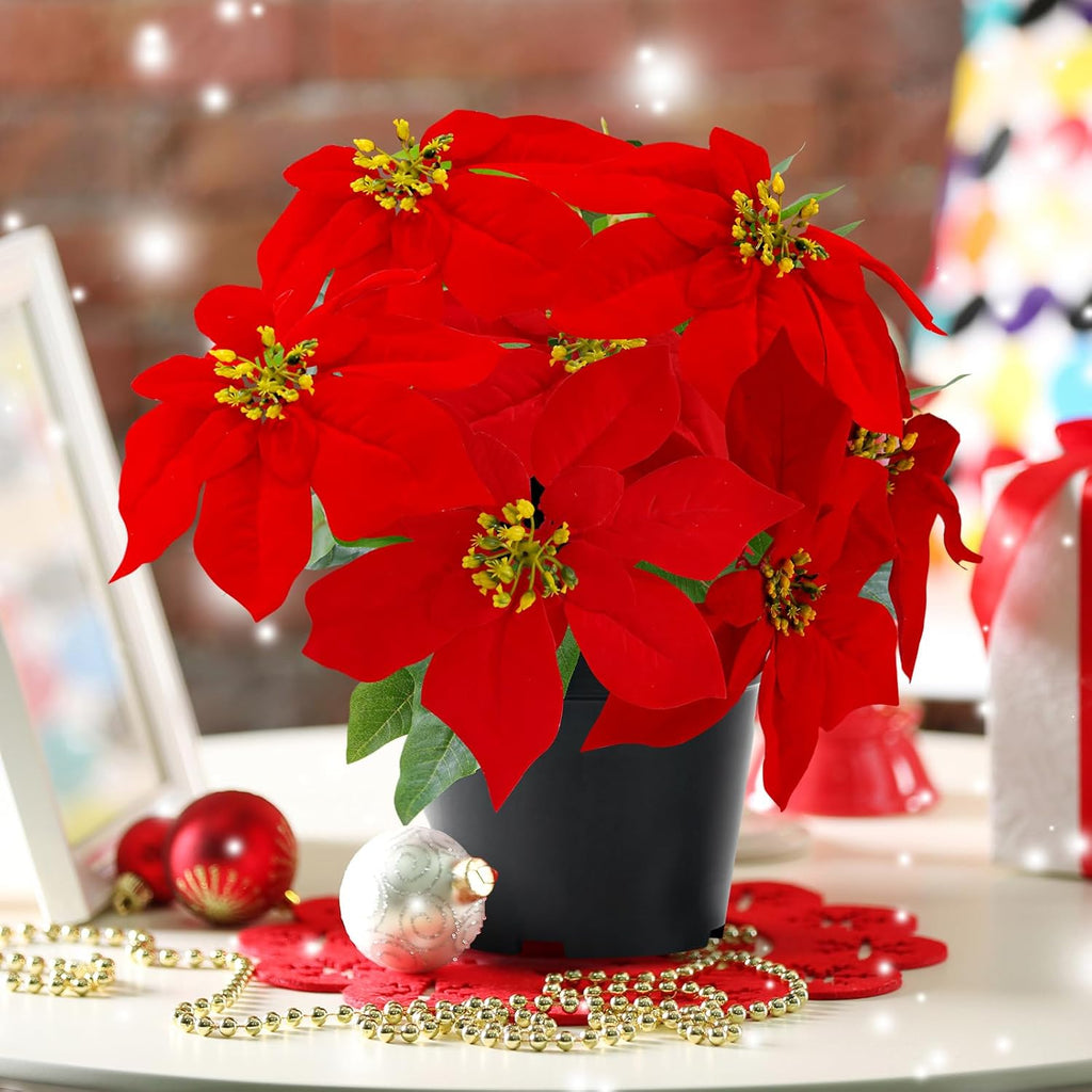 Poinsettia Flowers Artificial Red 14Inch Faux Christmas Poinsettia Plant Winter Flowers for Indoor Outdoor Xmas Ornament Porch Home Garden Decorations