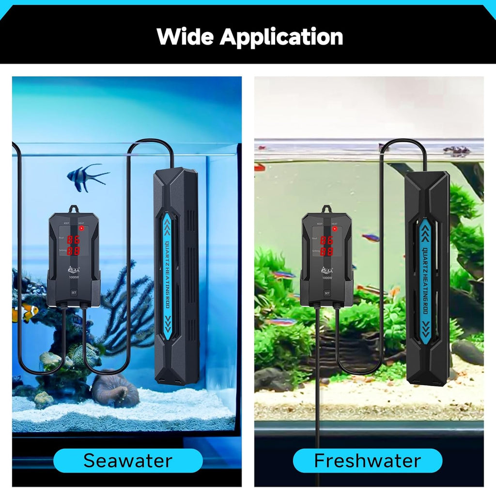 AQQA Aquarium Heater, 300W Submersible Fish Tank Heater with Rapid Heating Quartz Tubes and Precise Dual Digital Display Controller for Up to 60 Gallon Seawater Freshwater Fish Tank