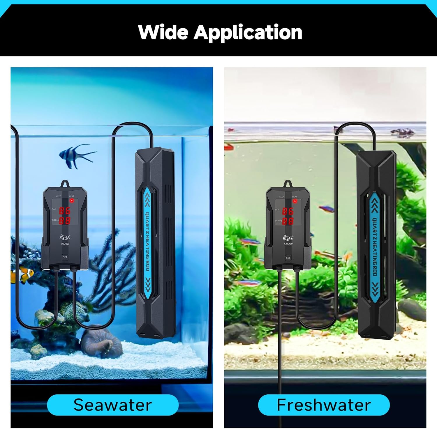 AQQA Aquarium Heater, 300W Submersible Fish Tank Heater with Rapid Heating Quartz Tubes and Precise Dual Digital Display Controller for Up to 60 Gallon Seawater Freshwater Fish Tank