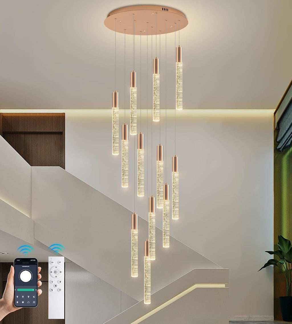Modern High Ceiling Crystal Chandelier 12-Lights, Large Spiral LED Raindrop Foyer Pendant Lighting, Bubble Staircase Living Room Hanging Light Fixture Flush Mount Gold