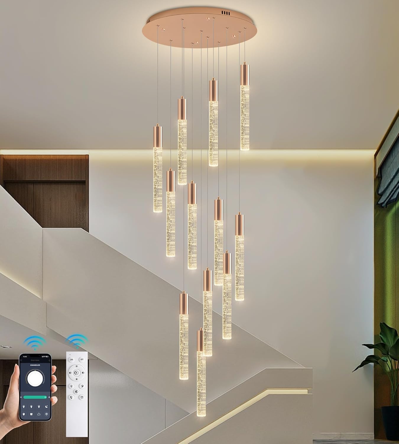 Modern High Ceiling Crystal Chandelier 12-Lights, Large Spiral LED Raindrop Foyer Pendant Lighting, Bubble Staircase Living Room Hanging Light Fixture Flush Mount Gold