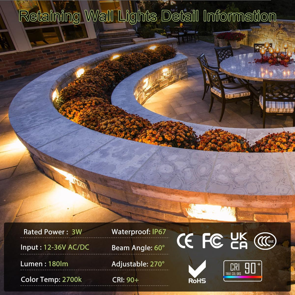 Retaining Wall Lights,12 Pack 7 Inch LED Hardscape Lighting,12-36V 2.5W Low Voltage Fence Lights,Outdoor Step Lights with IP67 Waterproof 2700K Warm Light