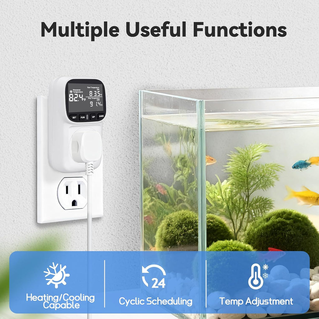 Digital Thermostat Outlet, Plug in Thermostat for Heater, Reptile & Greenhouse - 15A/1800W Temperature Controlled Plug with VA Display, Cyclic Timing/Countdown (-40°F~210°F), White