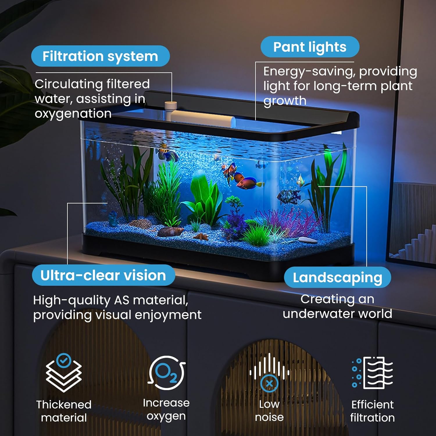 LED Aquarium Fish Tank Kit,（Light + Filter + Green Plants + Blue Sand + Pineapple Houses + Shells） Black, 4.5 Gallon (Now)