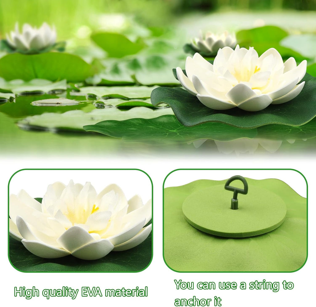 12pcs Floating Foam Lotus Flowers with Lily Pads, Artificial Pond Plants Ornaments for Pool Aquarium Water Decoration, White
