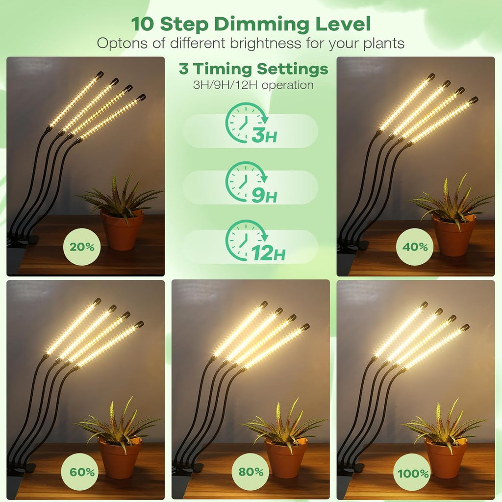 Led Grow Lights, 4 Heads Full Spectrum Plant Light with Clamp for Indoor Plants & Seed Starting, 10-Level Dimmable, Auto On Off, Timing 3 9 12Hrs