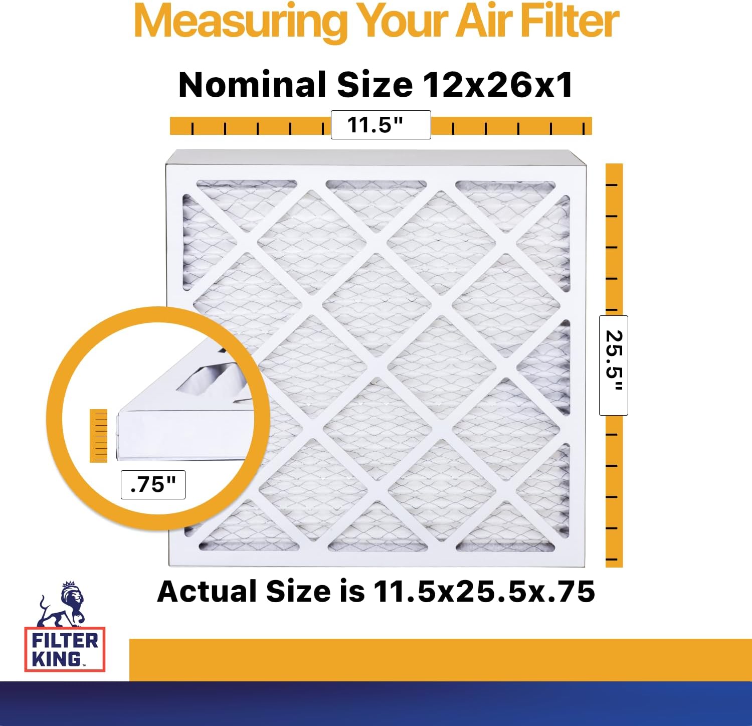 Filter King 12x26x1 Air Filter | 6-PACK | MERV 13 | HVAC Pleated AC Furnace Filters | MADE IN USA | Actual Size: 11.5 x 25.5 x .75"