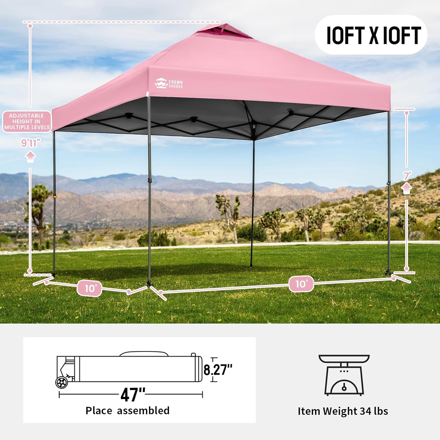 CROWN SHADES Adjustable Height on The Fly, 10x10 Pop Up Canopy - Beach Tent with One Push Setup - Easy Outdoor Sun Shade for Events, Parties, Camping - Outside Shade with STO-N-Go Bag, Pink
