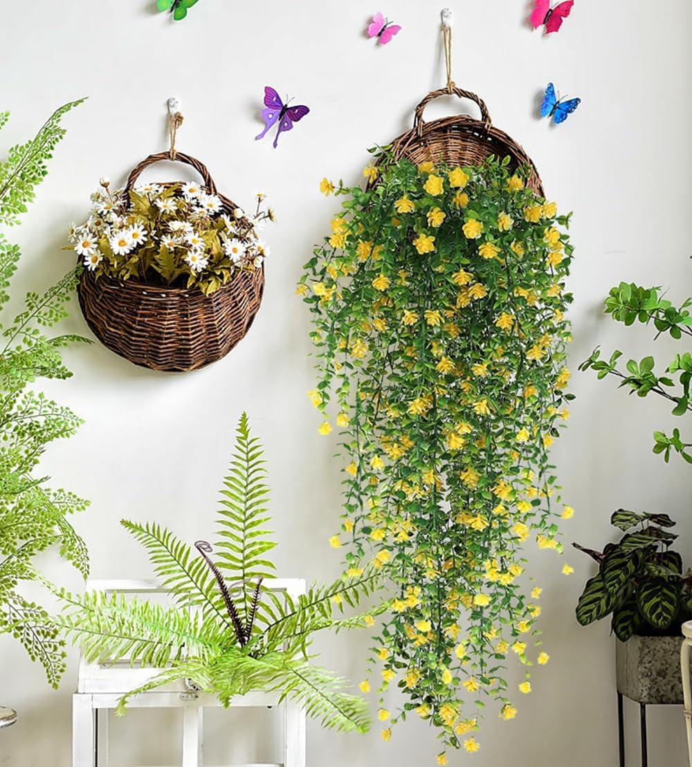WEISPARK Artificial Hanging Flowers, 4pcs Fake Eucalyptus Vine Faux Flower Greenery Garland Plastic Plants for Indoor Outdoor Wall Garden Wedding Home Party Decor (Yellow)