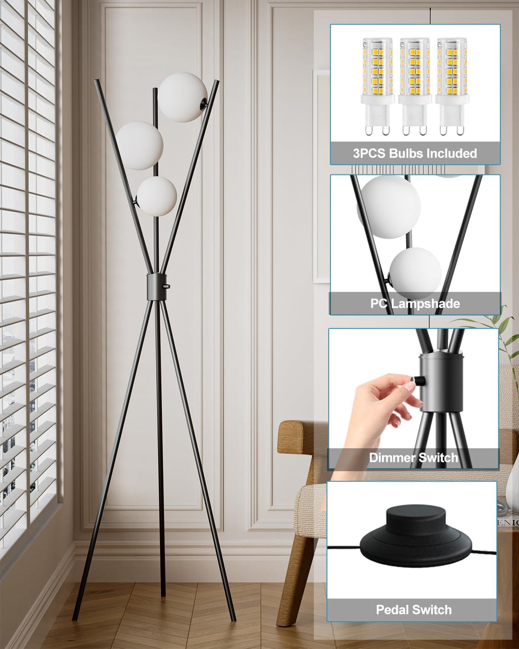 Lightdot 60IN Dimmable Tripod Floor Lamp Mid Century Black Standing Lamps with 3Pcs 3000K G9 Bulbs Globe Eye Care&Stable Base Modern Tall Lamp for Living Room Bedroom Office
