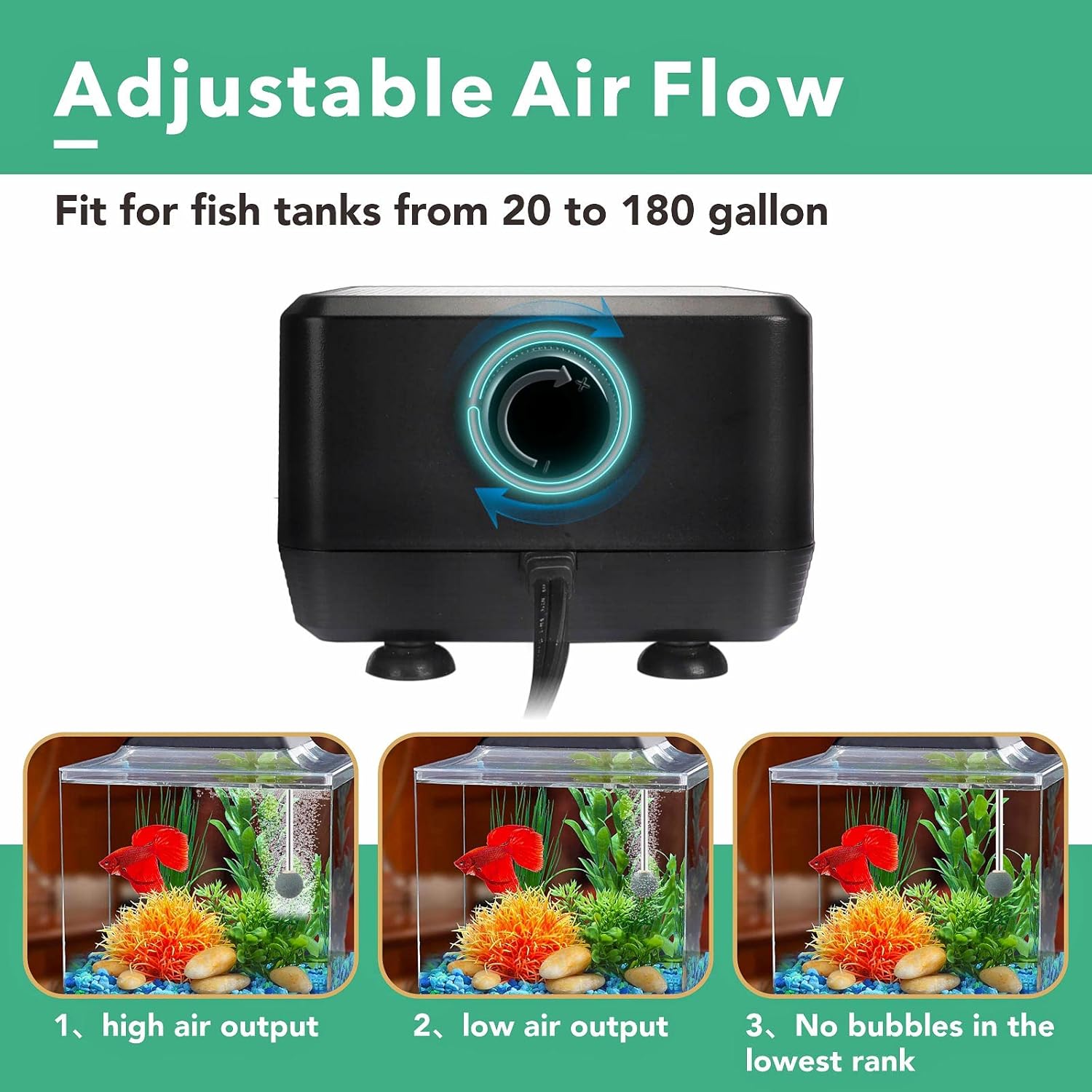 hygger Adjustable 5W 10W Aquarium Air Pump with 2 Ports for 20-600 Gallon Fish Tank 160 GPH 250 GPH Aquatic Aerator Oxygen Pump