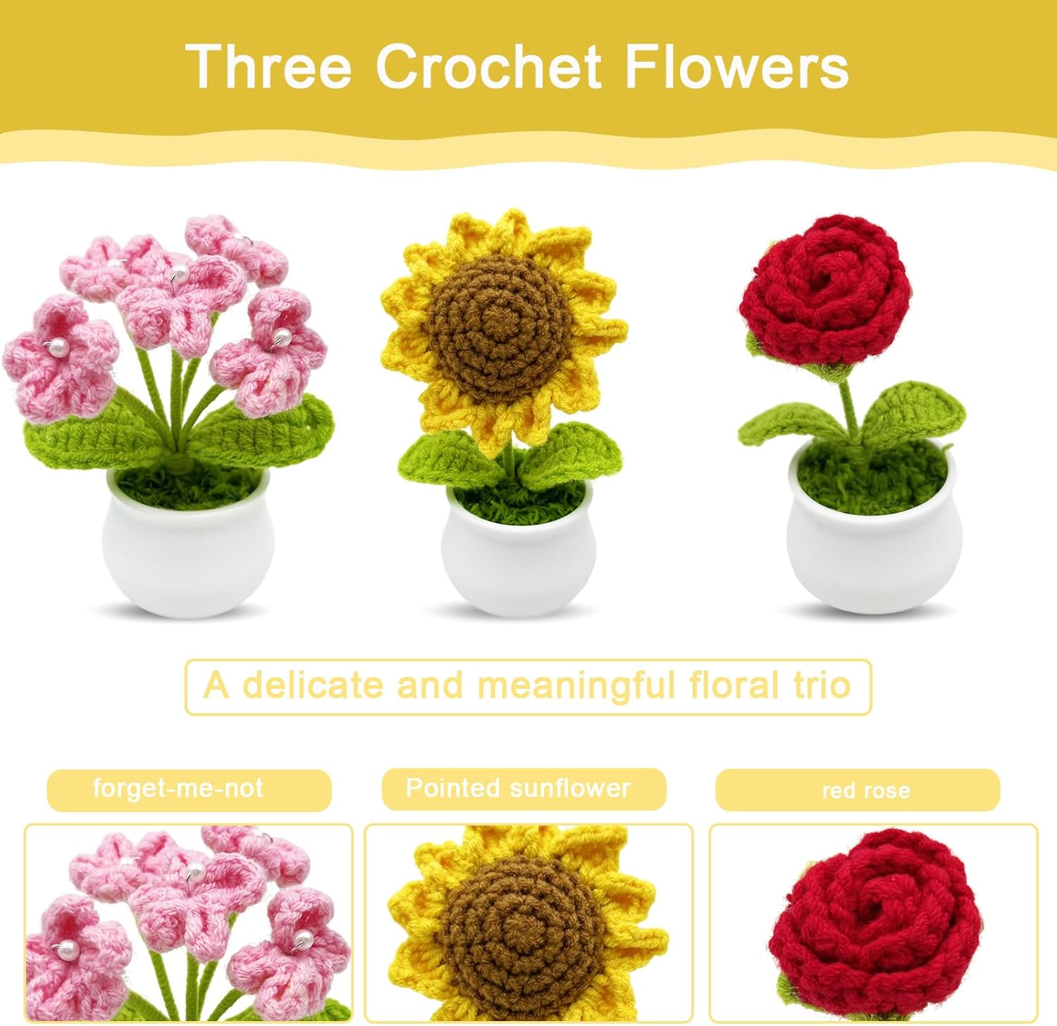 3pcs Crochet Flowers Cute Potted Flower,Mini Flower Bouquet for Mom Wife, Cute Desk Decor for Women,Artificial Handmade Flowers for Car Dashboard,Home Office Decoration (Color#4)