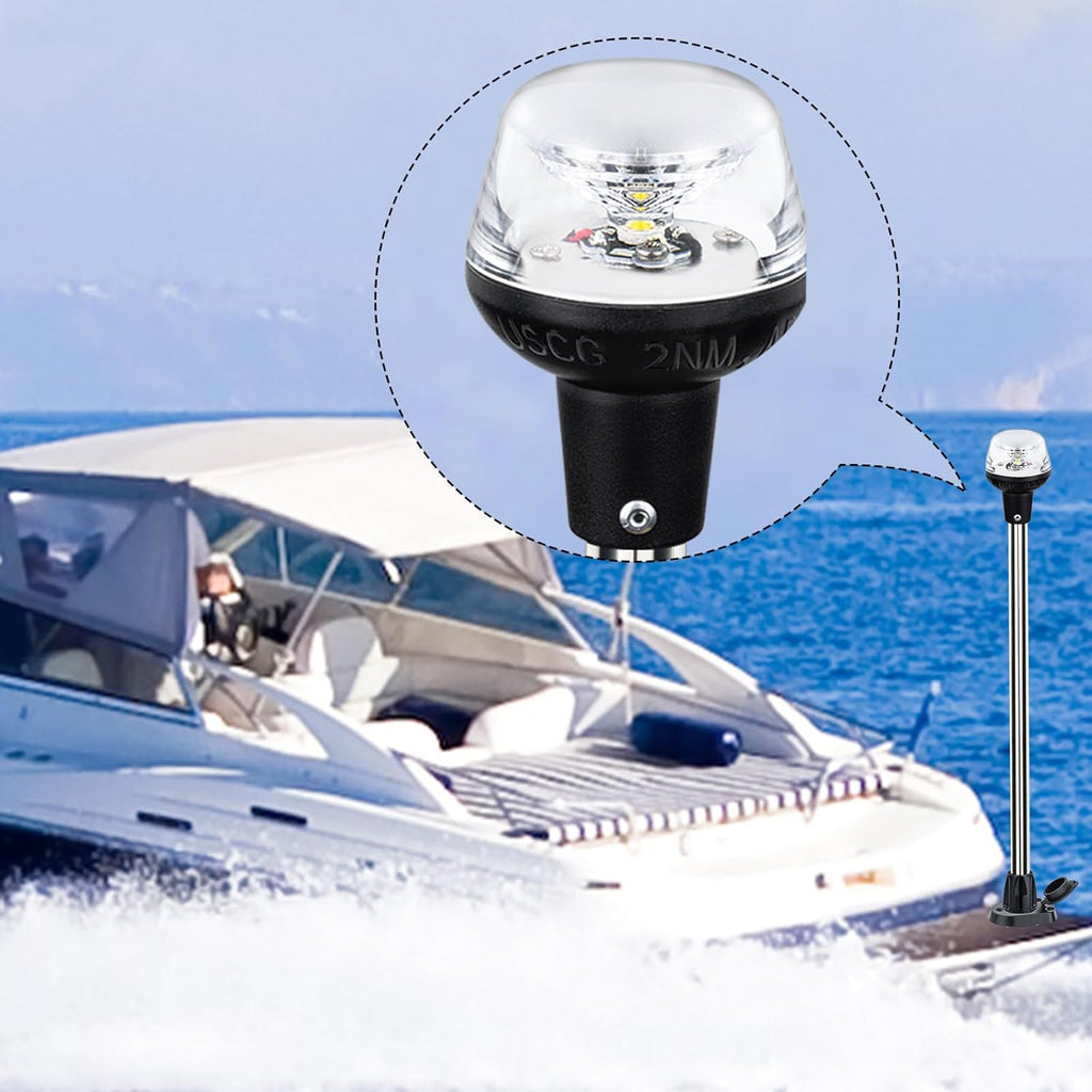 Stern Light For Boat Anchor Light Marine Navigation Lights Pole LED USCG 2 NM All Round White Removable 2 Pin 8-30 Volts 24 Inches (Plug In Base)