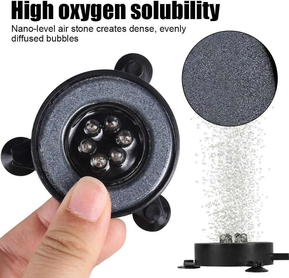 Aquarium LED Bubbler Stone Disc,IP68 Waterproof Fish Tank LED Bubbler Diffuser with Suction Cup Fixing for Freshwater Saltwater Tanks Aquariums(Pump Not Included)