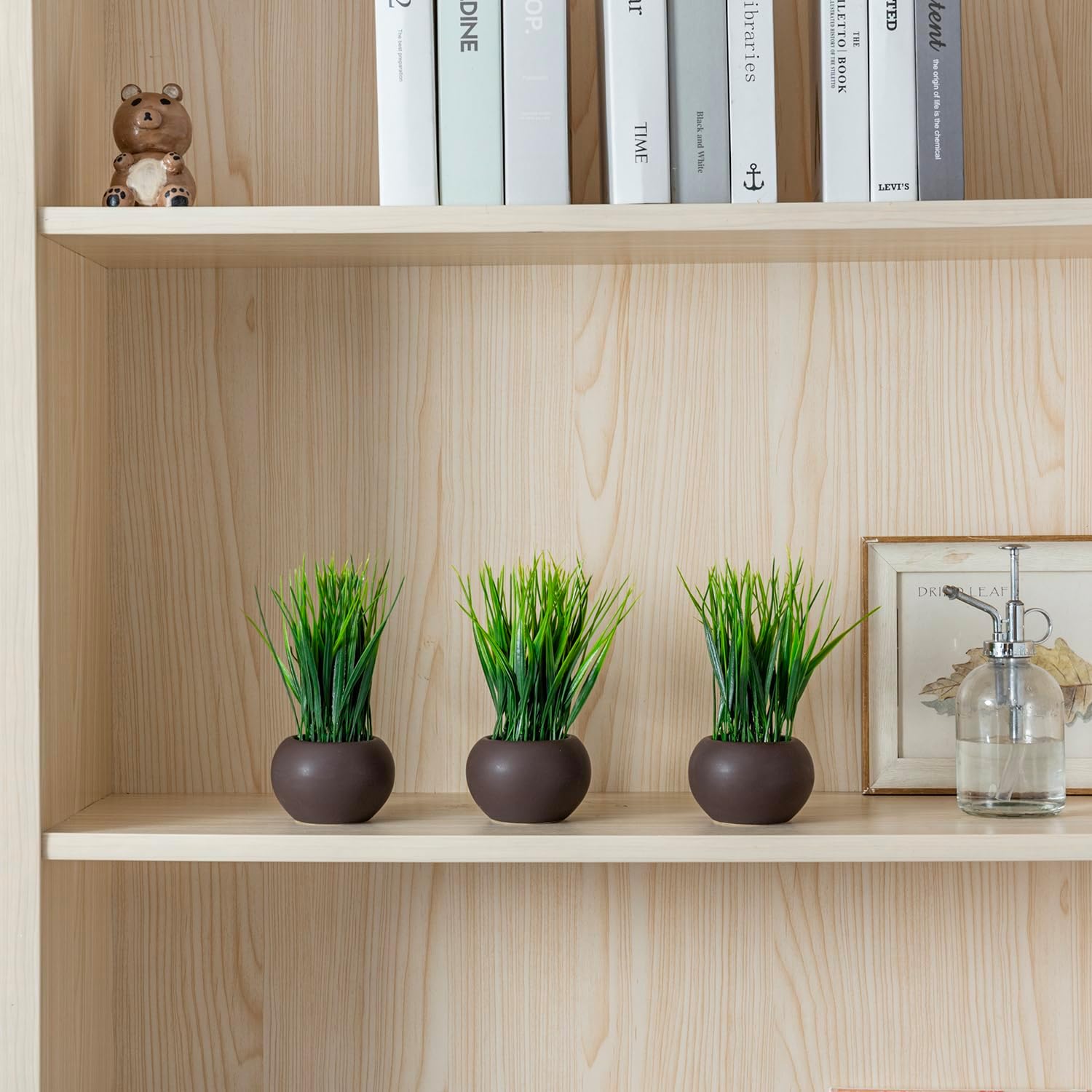 MyGift 7 Inch Tall Modern Mini Artificial Grass Plants in Small Round Brown Ceramic Pots, Decorative Tabletop Faux Greenery Indoor Home Decor, Set of 3