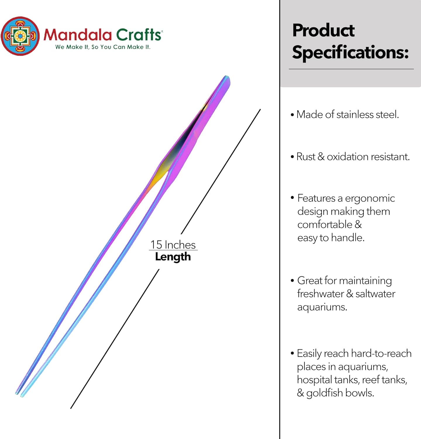 Mandala Crafts 15 Inches Rainbow Stainless Steel Straight Aquarium Tweezers for Aquatic Plants – Long Aquascape Forceps for Fish Tanks, Hospital Tanks, Goldfish Bowls, and Terrariums