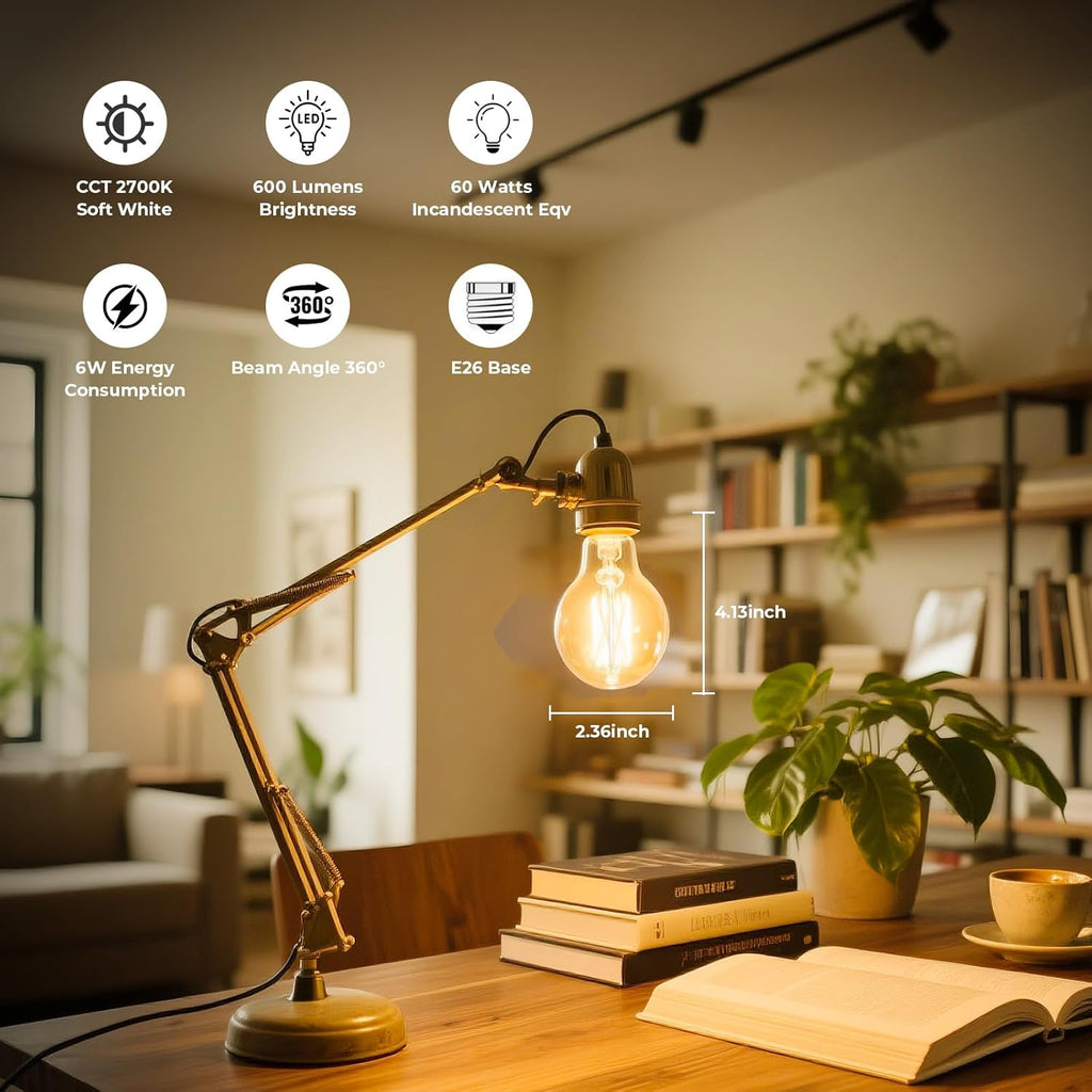 LED Edison Bulb Dimmable, 2700K Soft White, A19 Clear Glass Vintage E26 LED Bulb 6W, 60 watt Equivalent, A19 Light Bulb for Ceiling Fan, 90+CRI, 600LM, 24 Pack