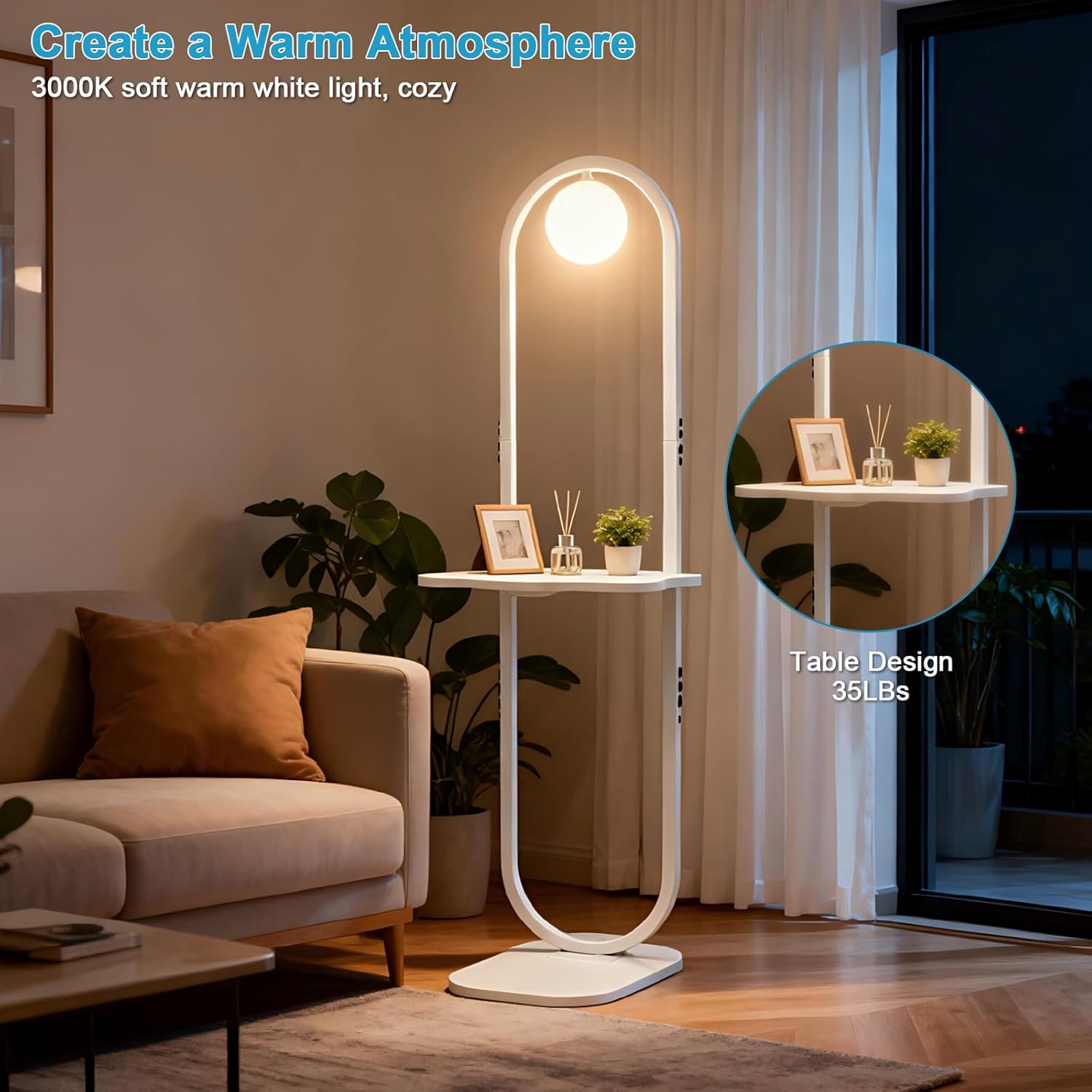 Lightdot 47-Inch Arch Floor Lamp, Modern Standing Lamp with Table, White Metal Frame with Globe Shade, Living Room Bedroom Lighting, G9 LED Bulb Included