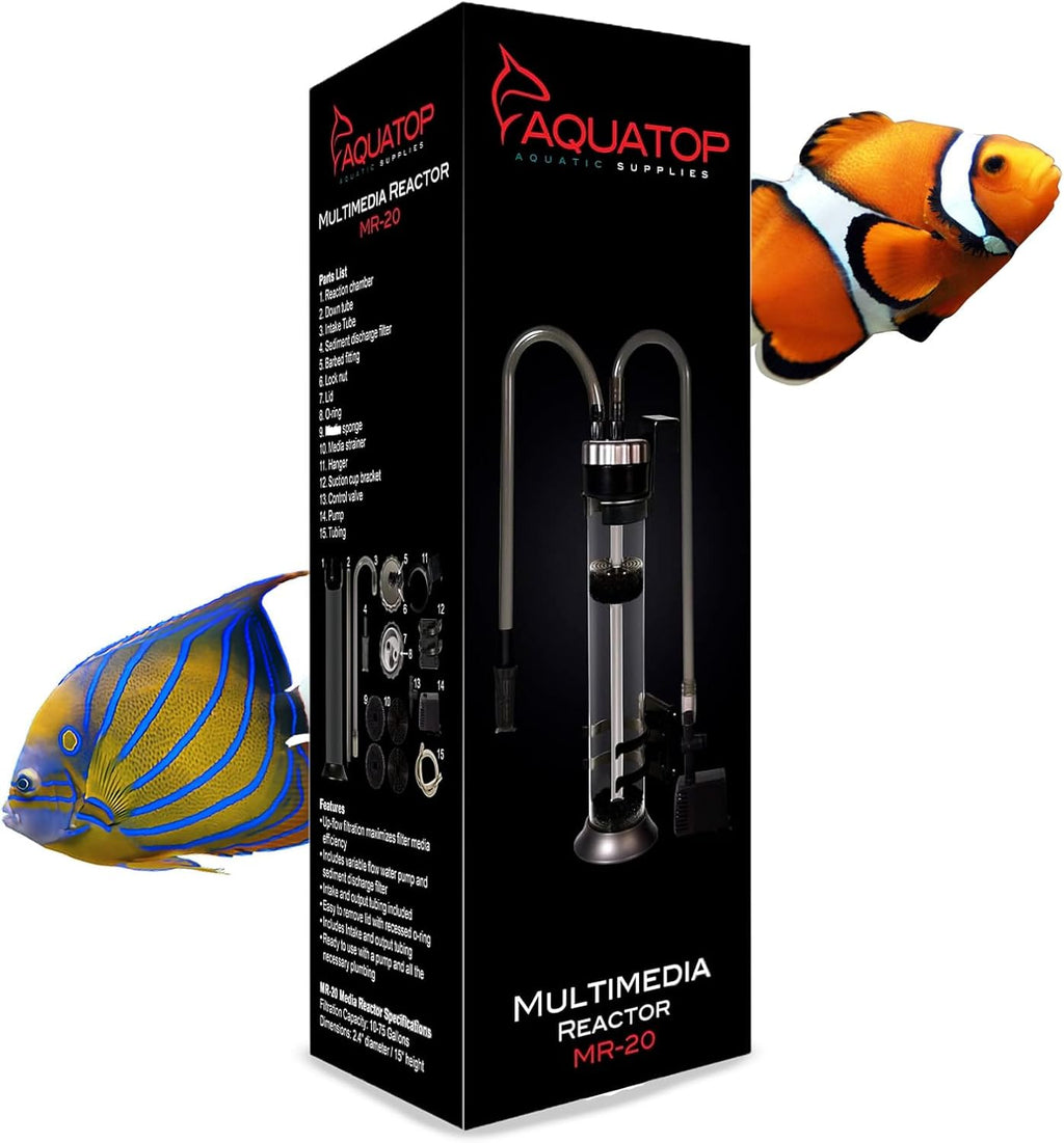 AQUATOP MR-20 Media Reactor – 95 GPH Up-Flow Filtration System – With Pump, Tubing & Mount – For Saltwater or Freshwater Aquariums – Sump or Hang-On Design