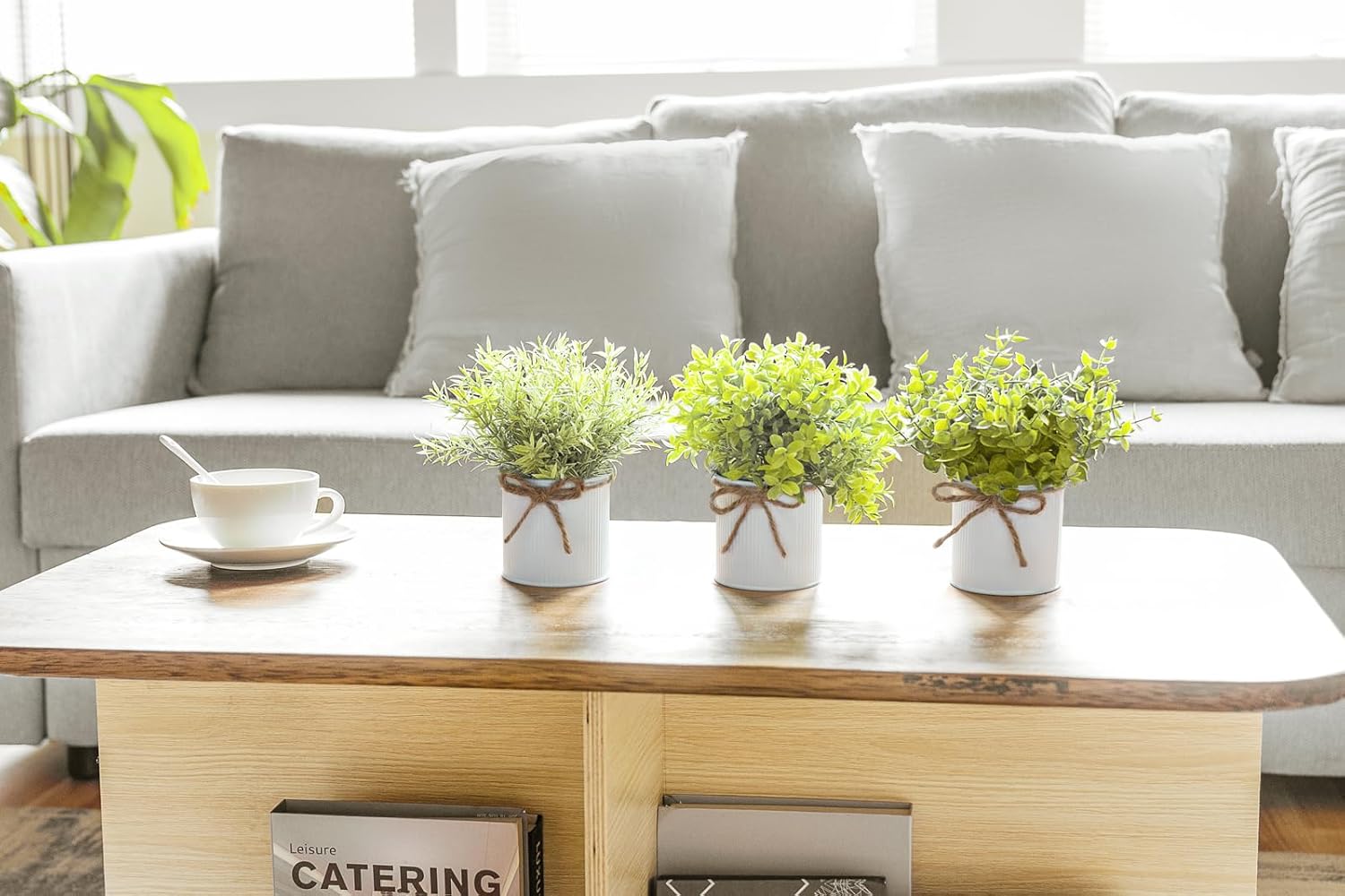 Mkono Fake Plants in Farmhouse Galvanized Metal Pots Table Centerpiece Rustic Home Decor, 3 Pack Potted Artificial Plants Faux Eucalyptus for Shelf Indoor Dining Room Office