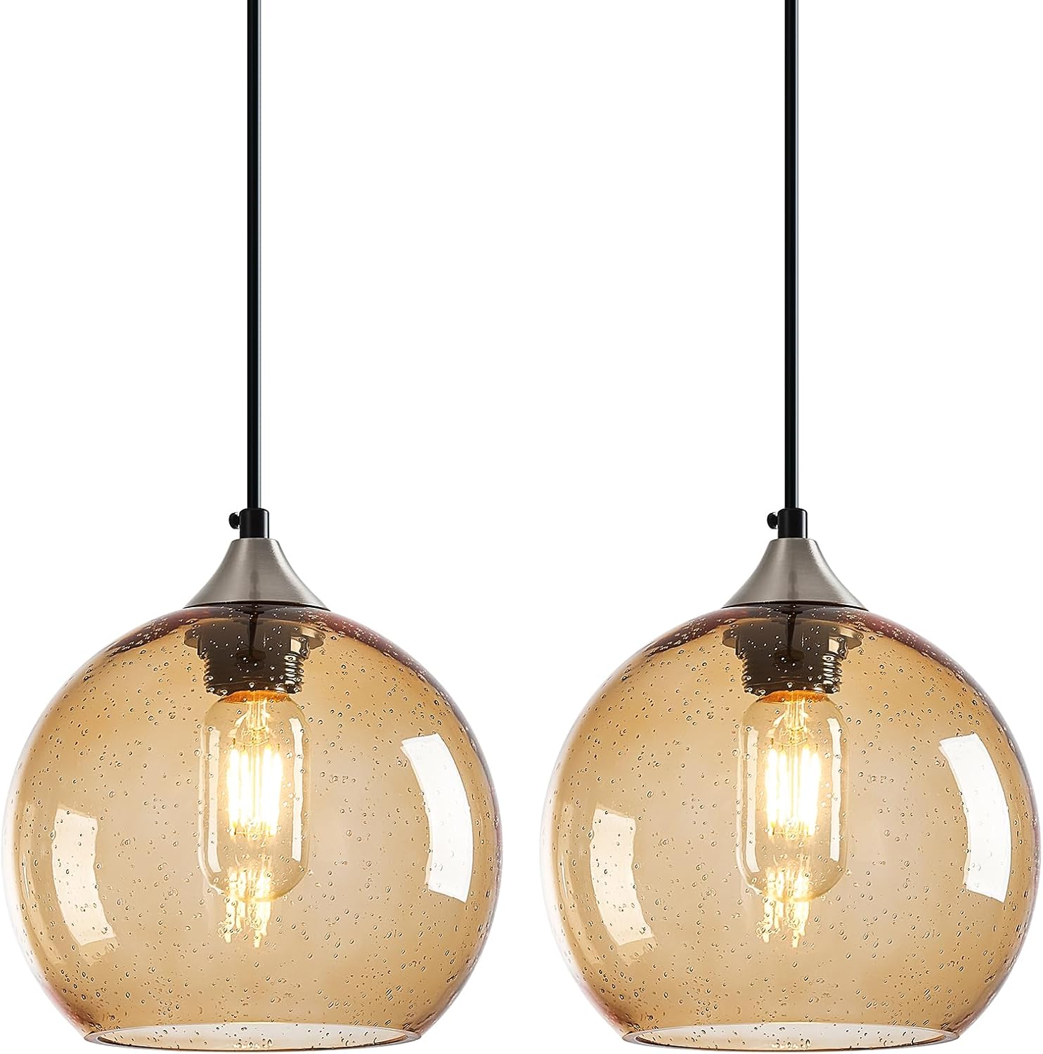 Light Brown Glass Pendant Lights Kitchen Island Lighting Globe Pendant Light Fixtures Modern Pendant Lighting for Bedroom Living Dining Room Light Fixture (7.87 in, 2 Pack)
