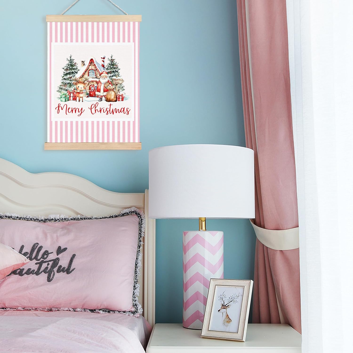 FDHSPAAM Cute Pink Christmas Santa Reindeer Wall Art Decor, Kids Christmas Decor, Winter Cottage Pink Striped Wall Art Posters for Home Bedroom Living Room, 12x16 Inch