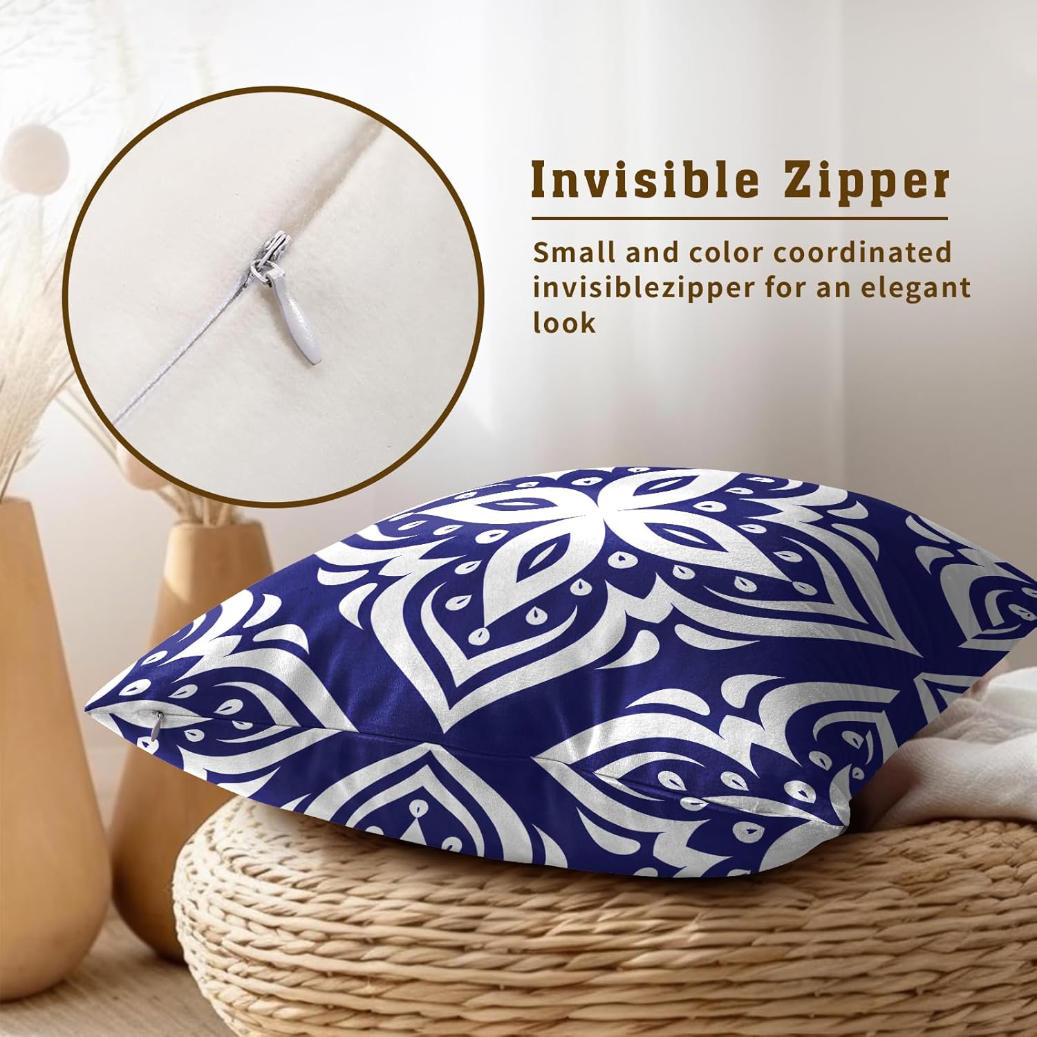 Navy Blue & White Floral Throw Pillowcases Set of 2 All-Season Soft Pillow Covers with Hidden Zipper,Durable for Sofa Bed Car Decor & Gift 18x18Inch