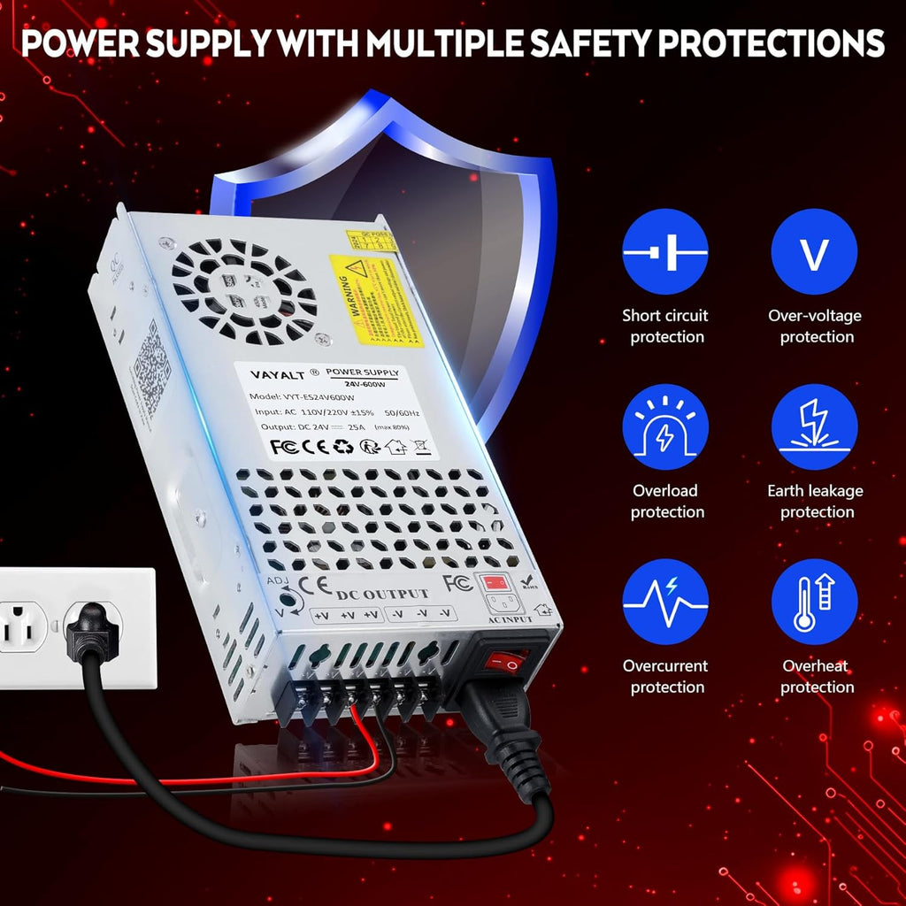 VAYALT 24V 25A 600W DC Switching Power Supply, Universal Regulated Switching AC 110V/220V to DC 24V Transformer, Power Supply for Industrial, CCTV, Computer Project, 3D Printer, LED Strip Light