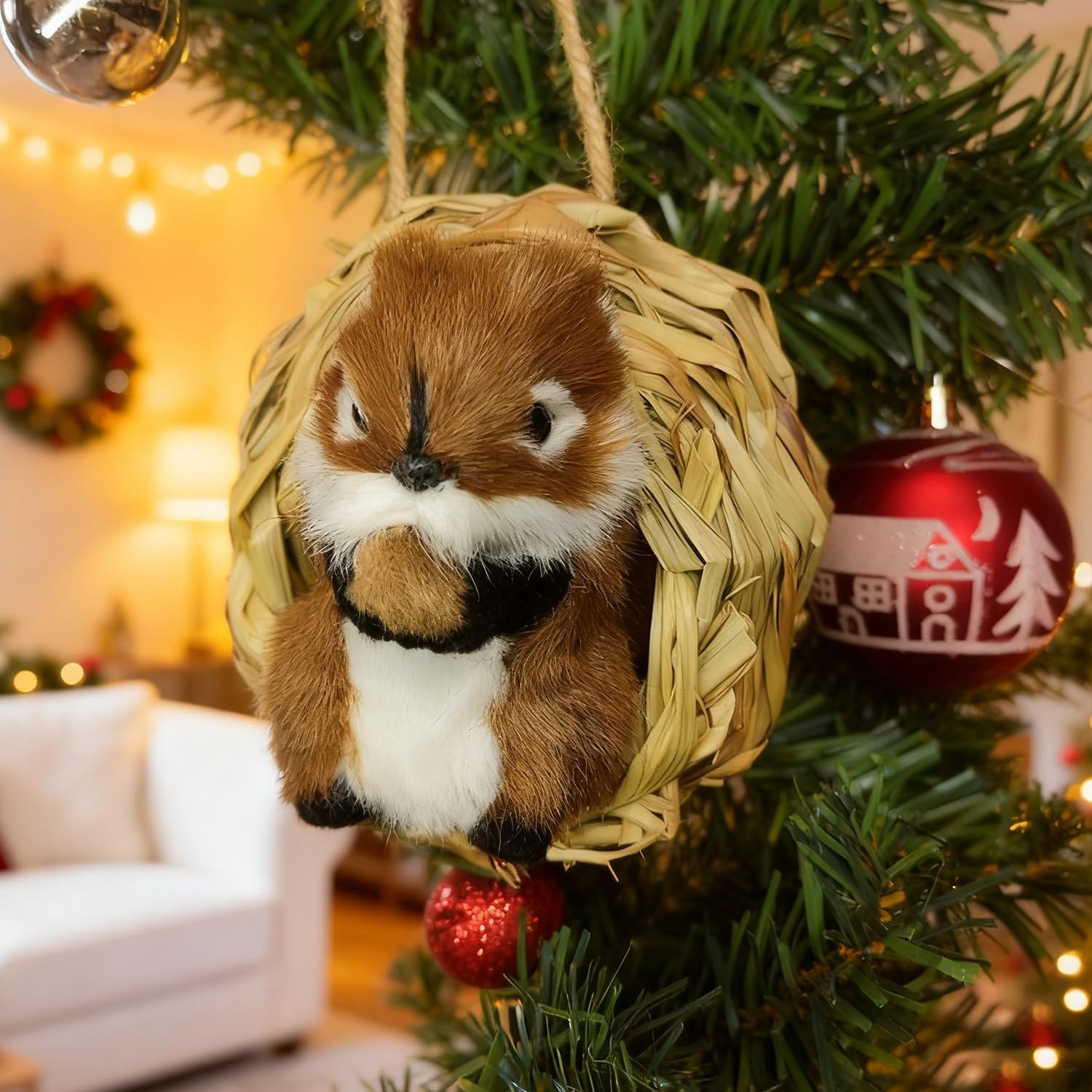 3D Forest Animals Ornaments for Christmas Tree Woodland Furry Animal Ornament Handmade Bird Nest with Plush Animal for Xmas Tree Faux Fur Animals Hanging Decoration (5" Nest & Brown Squirrel)
