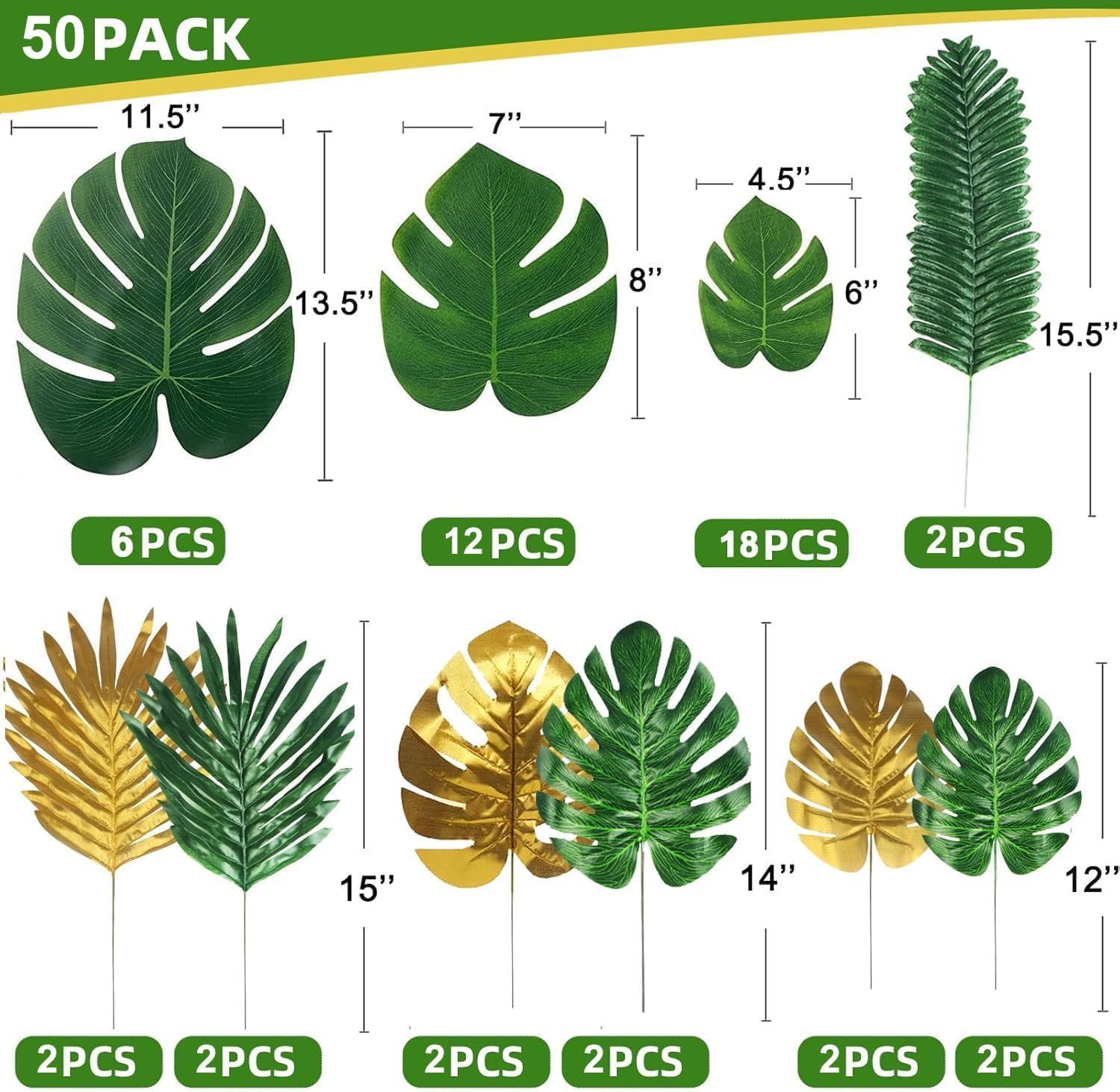 50 Pieces 10 Kinds Artificial Palm Leaves Golden Tropical Leaves with Stems Jungle Leaves Decorations for Hawaiian Luau Party Beach Baby Shower Wedding Birthday