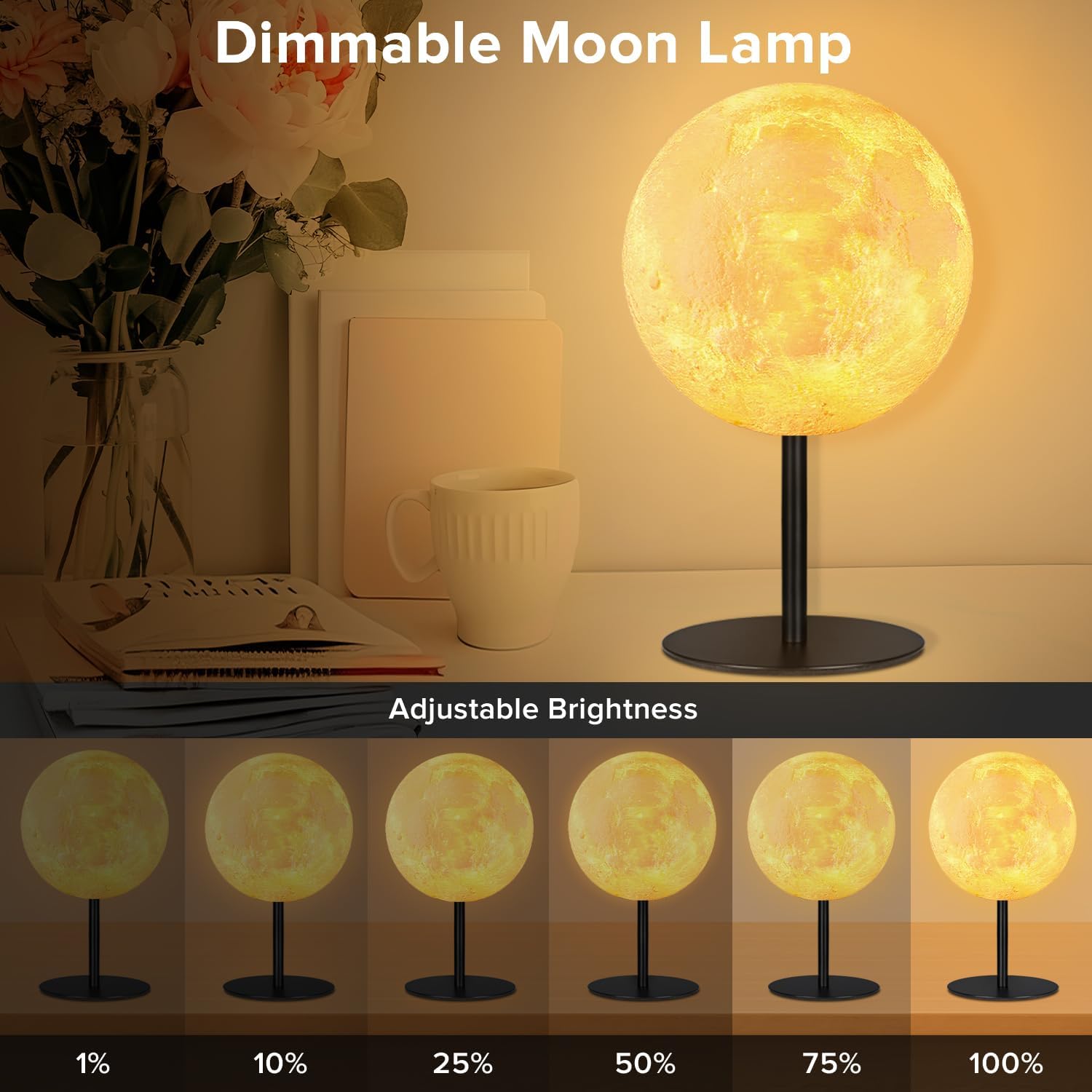 Moon Lamp Small Table Lamp for Bedroom, Dimmable Table Lamp with 30 Modes, Night Light Bedside Lamps for Night Stands, Desk Lamp for Living Room, Office, Dorm, Gifts for Kids Teens (Inline Control)