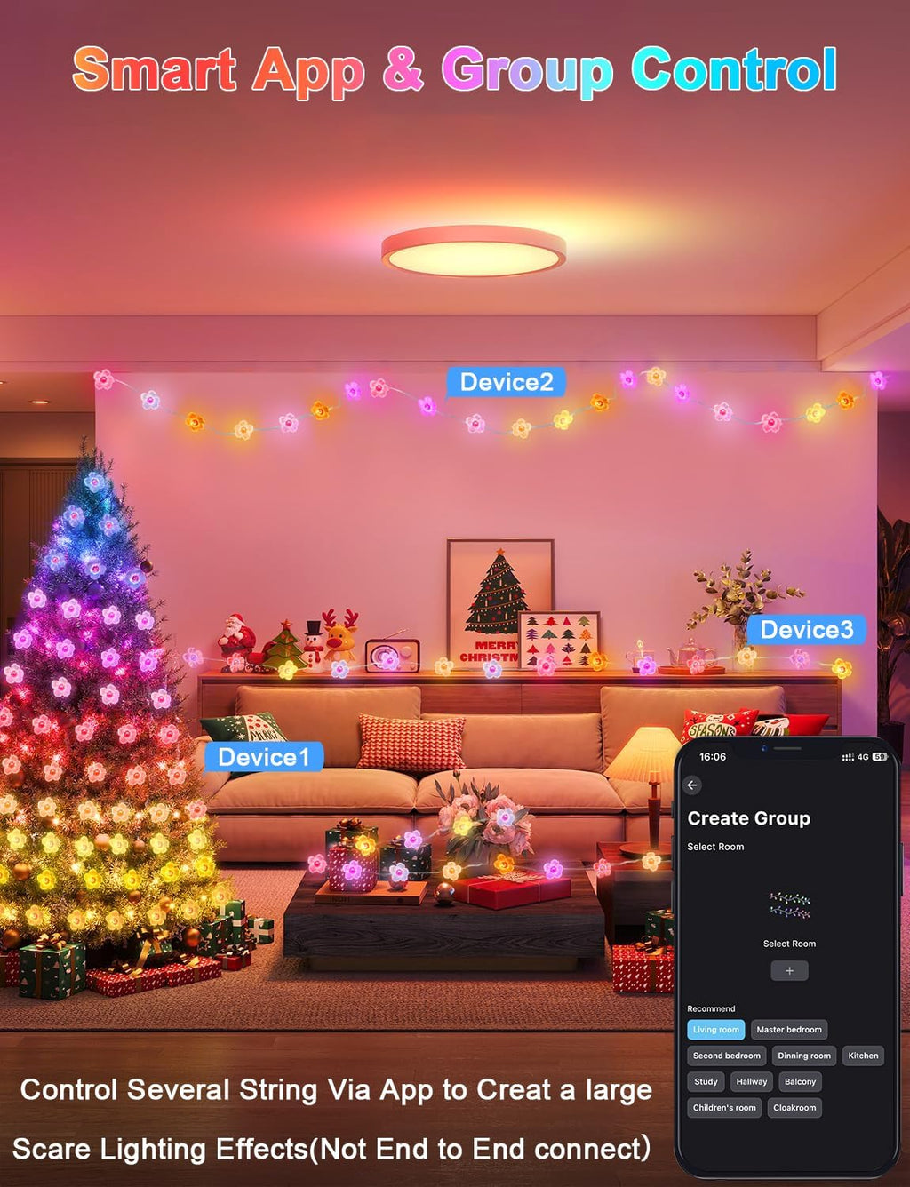 echosari Cherry Blossom Flower String Lights, 33ft 16 Million Color Chaning Fairy Lights Plug in APP & Remote Control DIY Music Sync Flower Light for Bedroom Dorm Wedding Decor