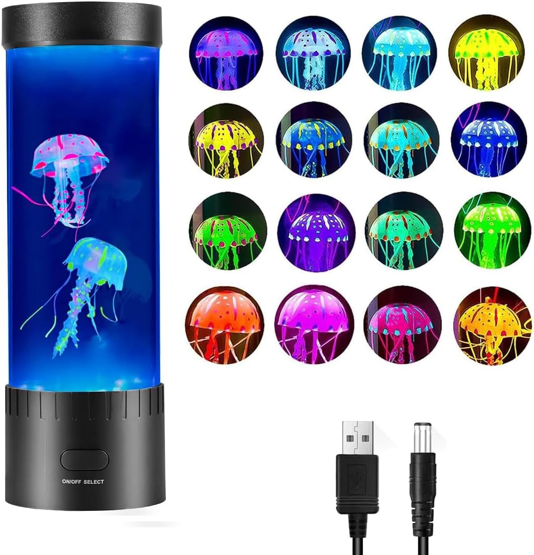 Jellyfish Lamp with Realistic Movement – 2 Lifelike Jellyfish, 16-Color LED Night Light, Lava Lamp Effect & Water-Powered Aquarium Decor for Bedroom, Office, Kids Room – Easy Setup, Whisper-Quiet
