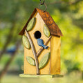 Glitzhome Bird Houses for Outside, 9.7" H Rustic Hanging Birdhouse Decorative Pet Cottage Distressed Wooden Birdhouse with 3D Tree Bluebird House for Outdoor Patio Garden, Yellow