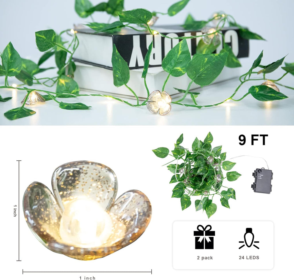 Vigdur 2 Packs Vine String Lights - Tiny Leaf Ivy String Lights with 48 Flower Lights Battery Powered Waterproof Fairy Light Indoor Outdoor for Bedroom Party Garden Wall Décor St. Patrick's Day