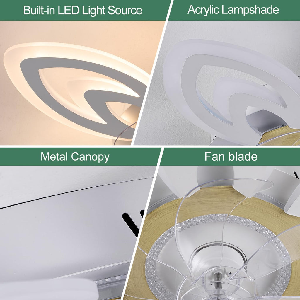 Snowflake Modern Ceiling Fan with Light and Remote, Low Profile Ceiling Fans with remote, 26 Inch Flush Mount Ceiling Fan with 3 Light Color 6 Speeds, Fandelier Ceiling Fan for Kitchen Bedroom-White