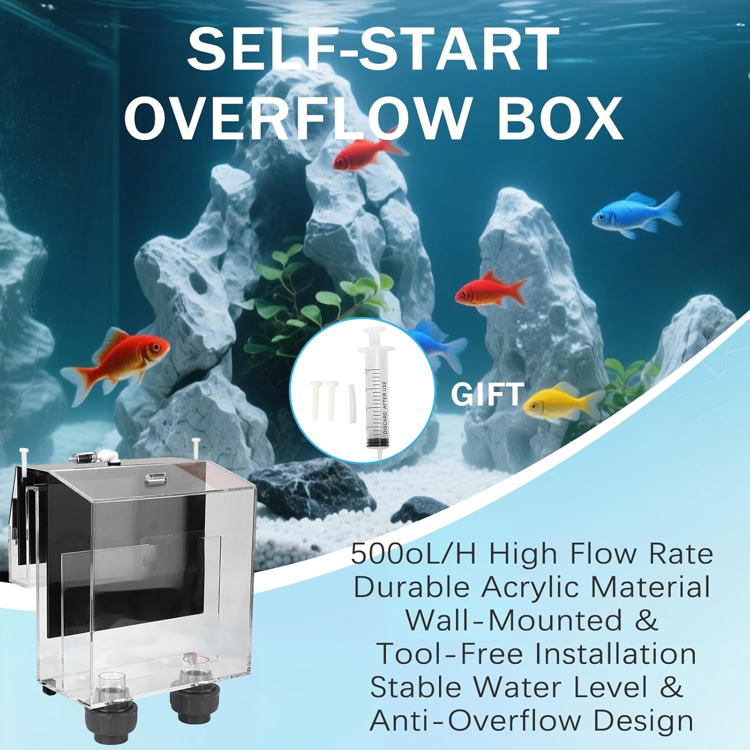 Inlet Overflow Box, Quality Acrylic Self Start Siphon Hang On Overflow Box for Fish Tank Aquarium
