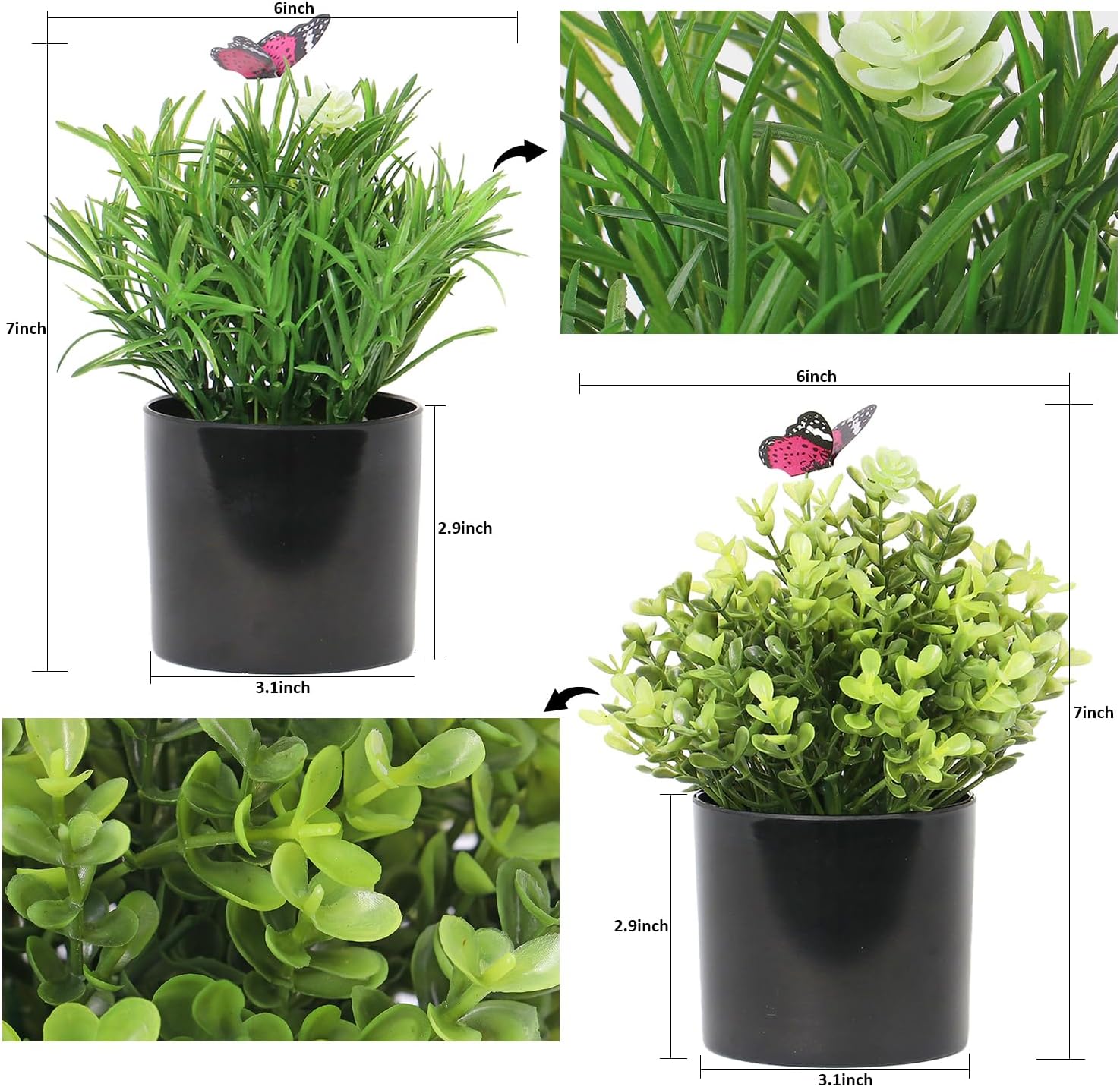 7" H Fake Plants Indoor 2 Pack Small Artificial Plants,Topiary Greenery Mini Potted Plants for House Office Tabletop Decoration