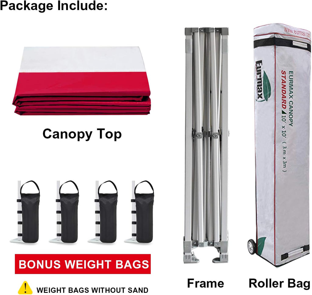 Eurmax USA Standard 10x10ft Patio Pop Up Canopy Tent for Outdoor Events Commercial Instant Canopies with Heavy Duty Roller Bag,Bonus 4 Canopy Sand Bags (Stripe Red)