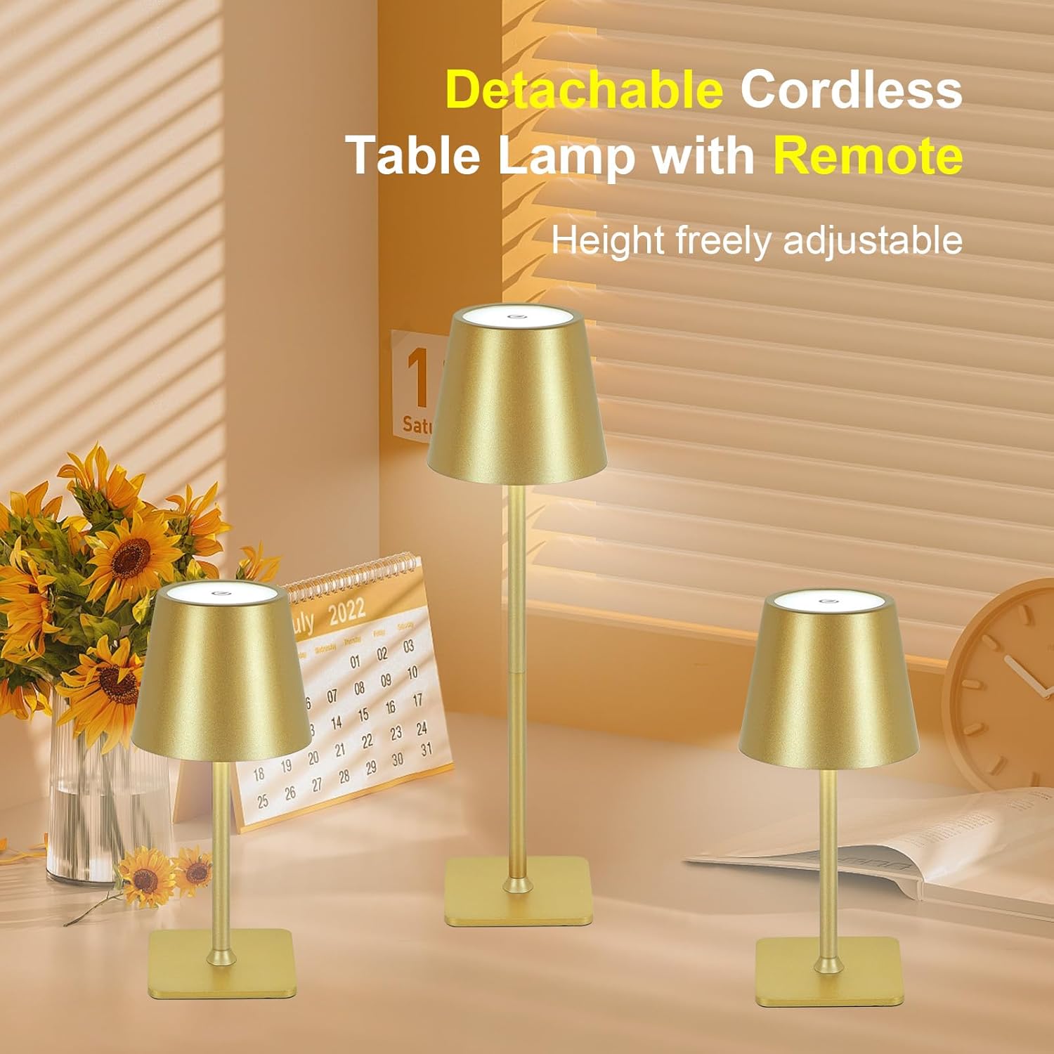 Cordless Table Lamp with Timer, Rechargeable 5200mAh Battery Operated Lamp with Remote, Adjustable Height, 3-Color Stepless Dimming, Small LED Table Lamp for Bedroom Dining Office Outdoor(Gold)