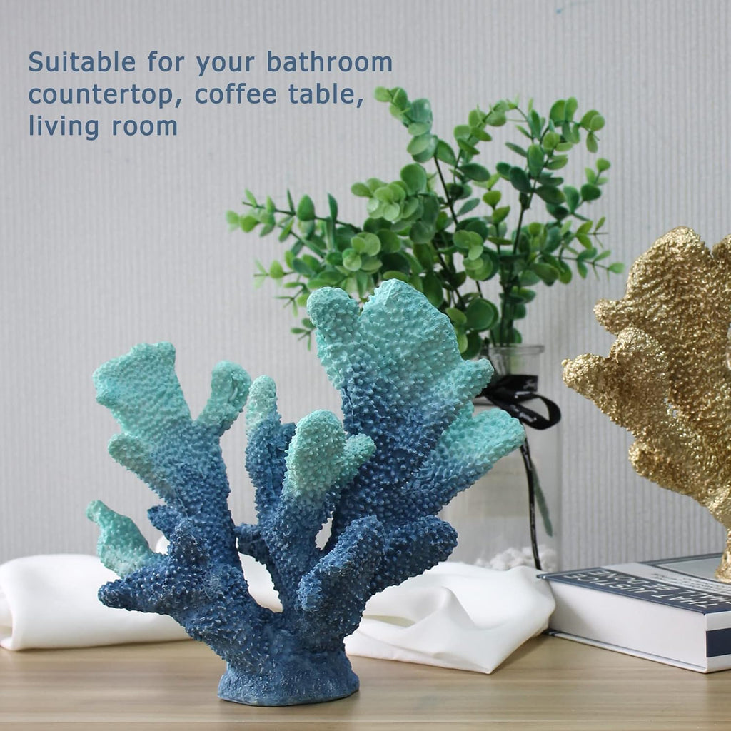 Blue Coral Decor - Faux Artificial Coral Reef Statue, Nautical Tabletop Decoration for Living Room and Home (7.8in Tall)