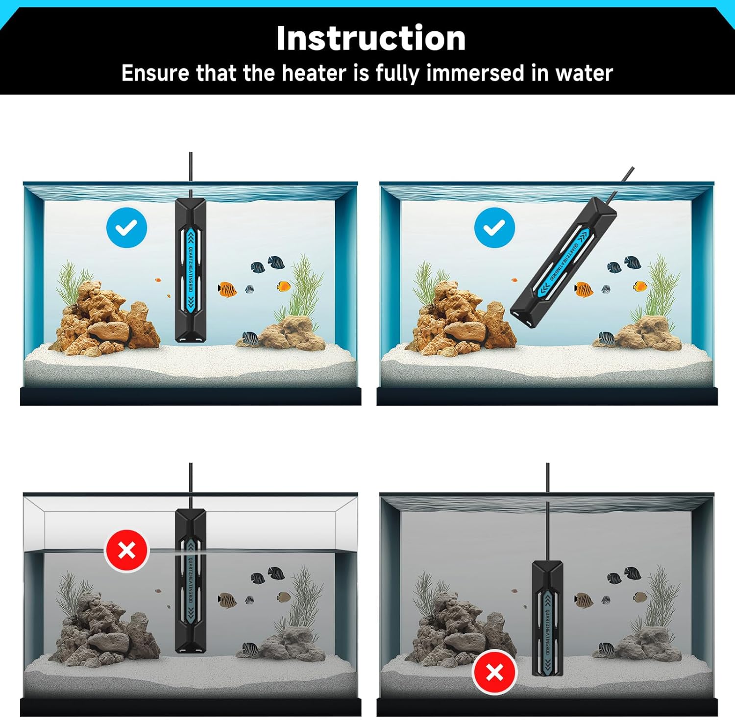 AQQA Aquarium Heater, 300W Submersible Fish Tank Heater with Rapid Heating Quartz Tubes and Precise Dual Digital Display Controller for Up to 60 Gallon Seawater Freshwater Fish Tank